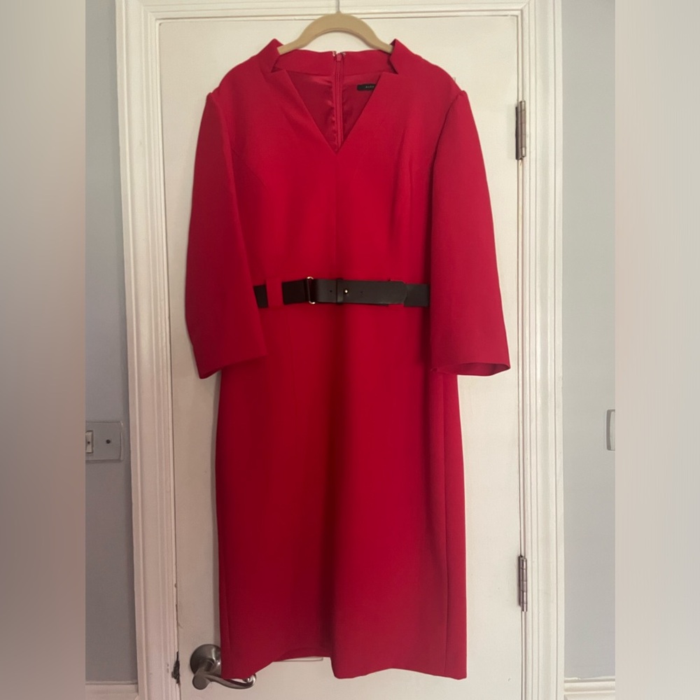 Red, belted, professional “I mean business” dress by Alex Marie, size 10.